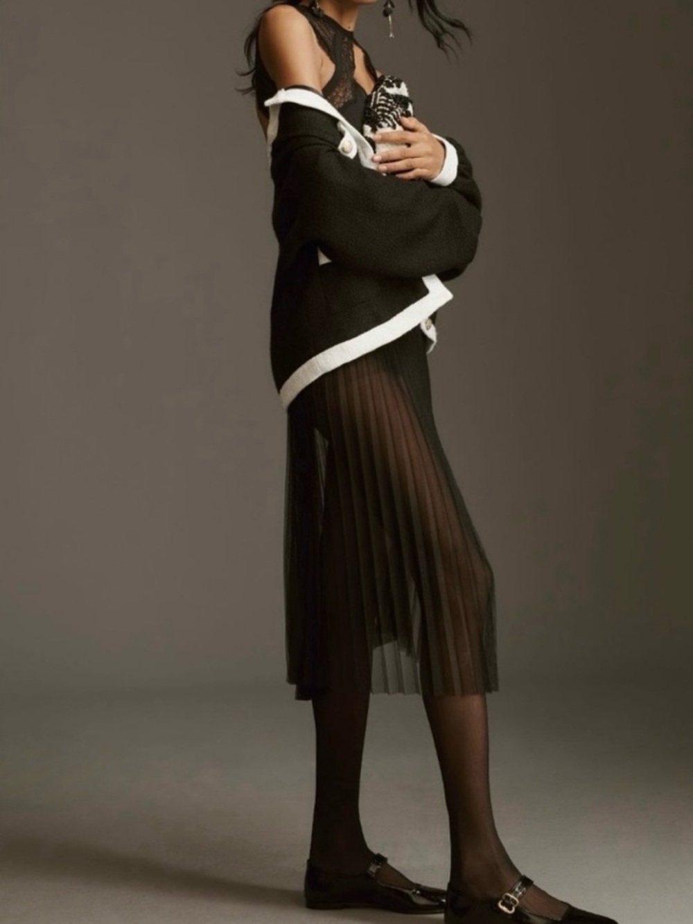 Sunday in Brooklyn Black Sheer Pleated Midi Skirt